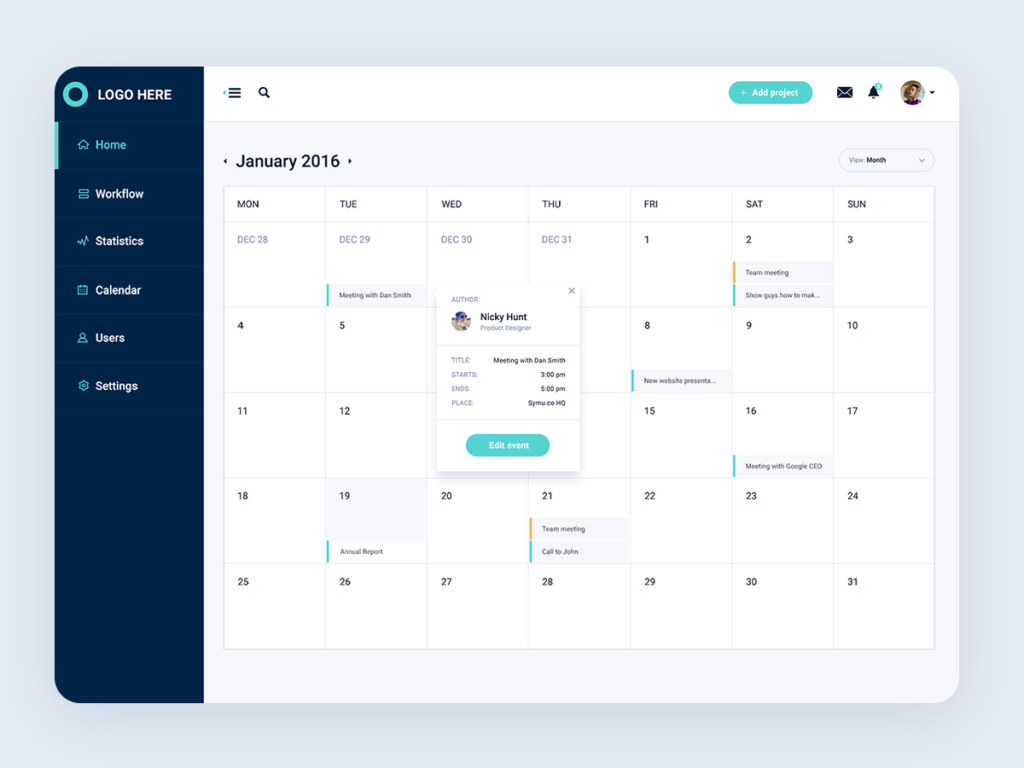 Dashboard Calendar UI Design - Download Free Resource